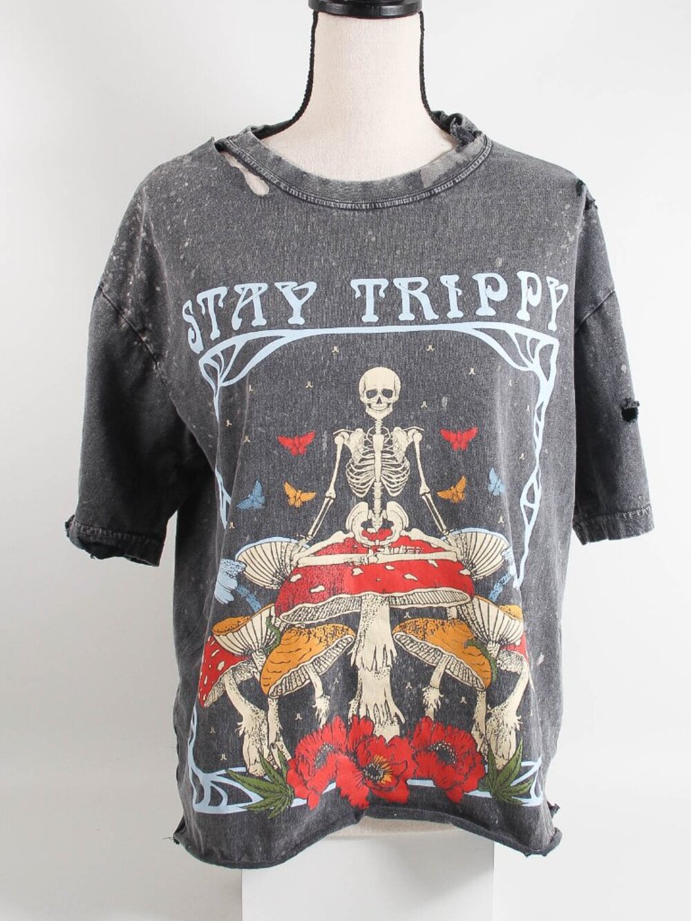 Stay Trippy Graphic Tee Gray Distressed Bleached Psychedelic